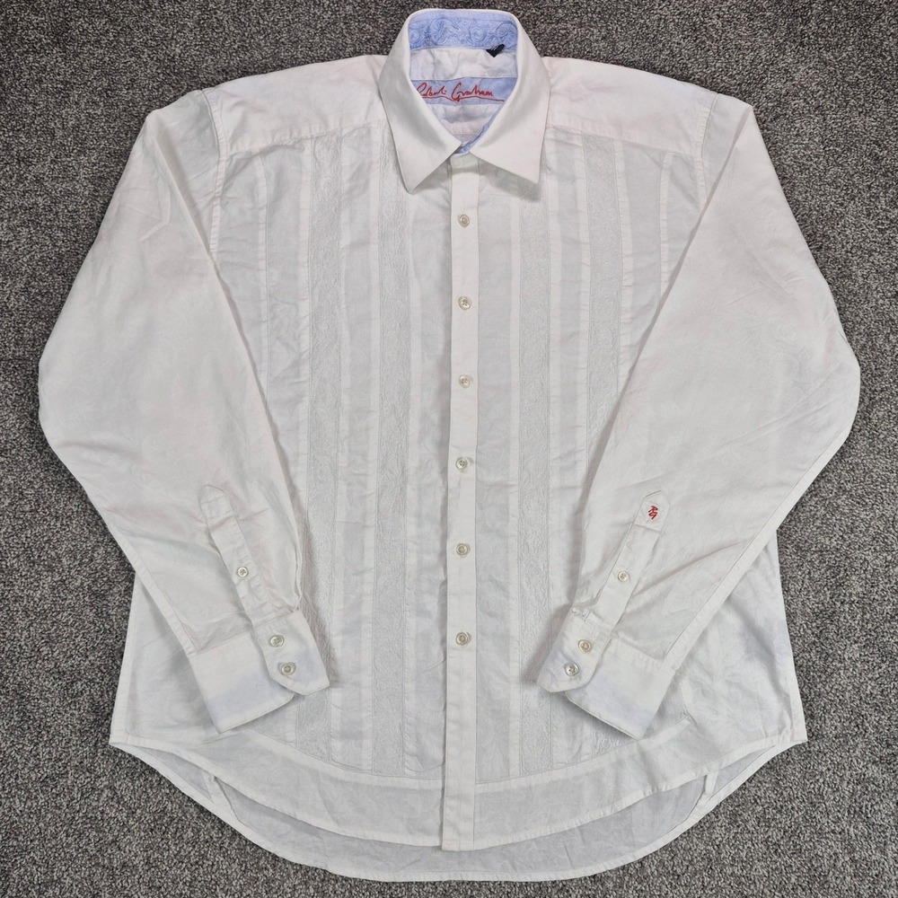 Robert Graham Dress Shirt Mens XL White Embroidered Formal Tuxedo Button Up